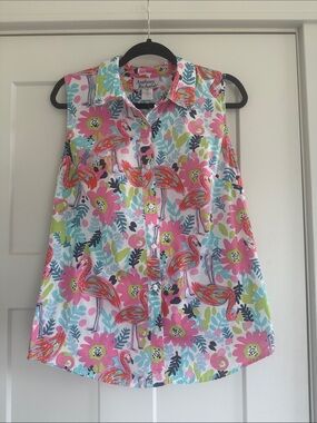 Anthony Richards Pink Flamingo Cotton Top with Aqua Accents Size 10